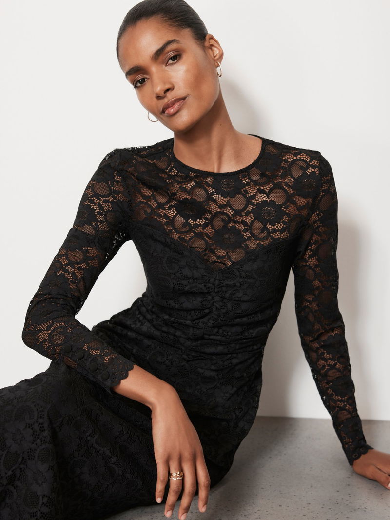 Mint Velvet Lace Ruched Midi Dress in Black