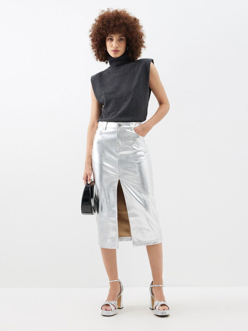 Metallic Faux Leather Midi Skirt | Karen Millen