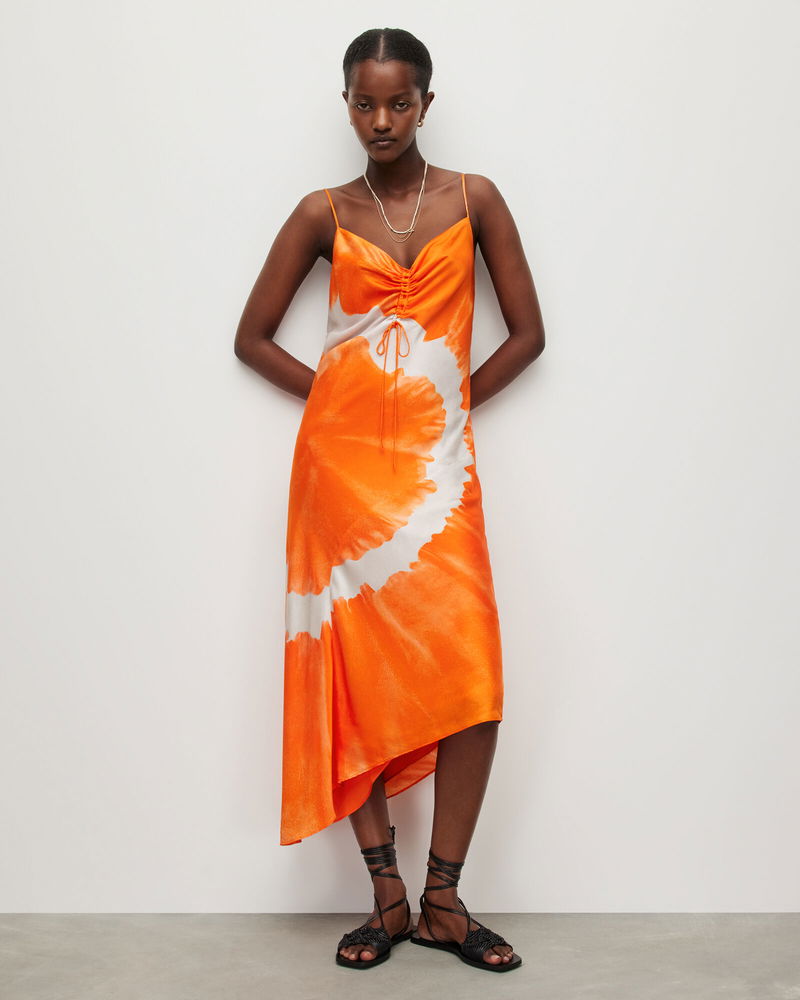 ALLSAINTS Etta Mariana Silk Blend Tie Dye Dress in Orange Tiedye