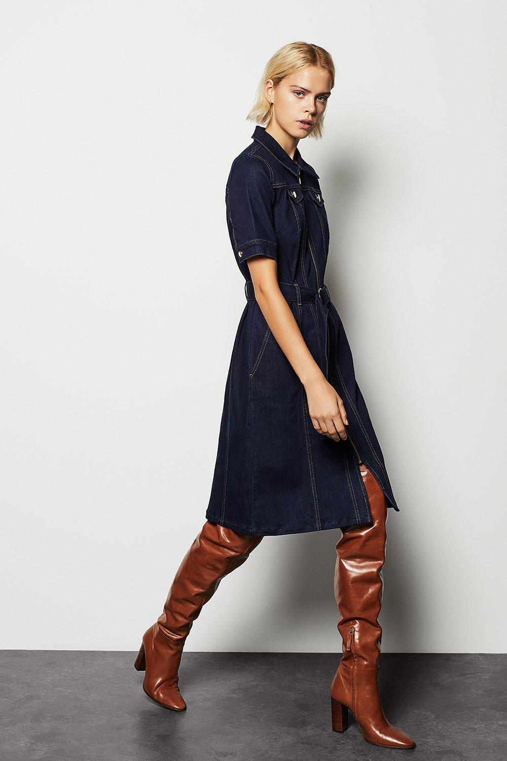 karen millen denim dress Dark Blue Denim Corset Waist Detail Full Midi Dress