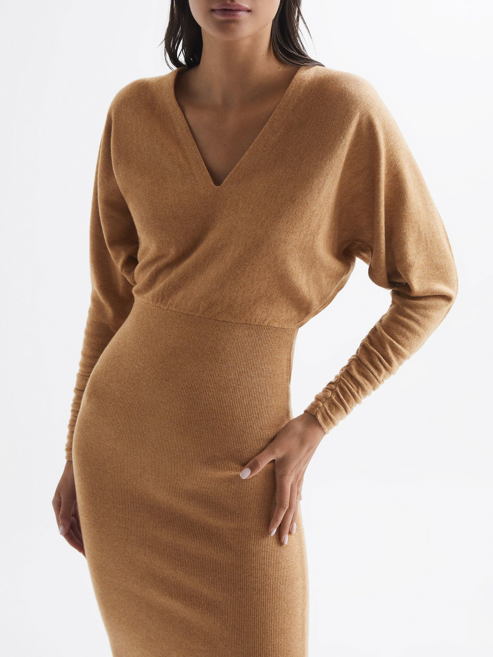 REISS Jenna Cashmere Blend Ruched Sleeve Dress | endource