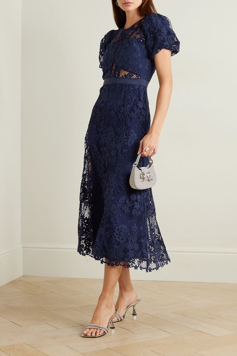 SELF-PORTRAIT Grosgrain-Trimmed Corded Guipure Lace Midi Dress | endource SELF-PORTRAIT Grosgrain-Trimmed Corded Guipure Lace Midi Dress | endource