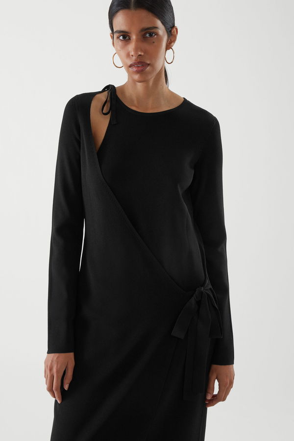 COS Asymmetric Knitted Wrap Dress in Black | Endource