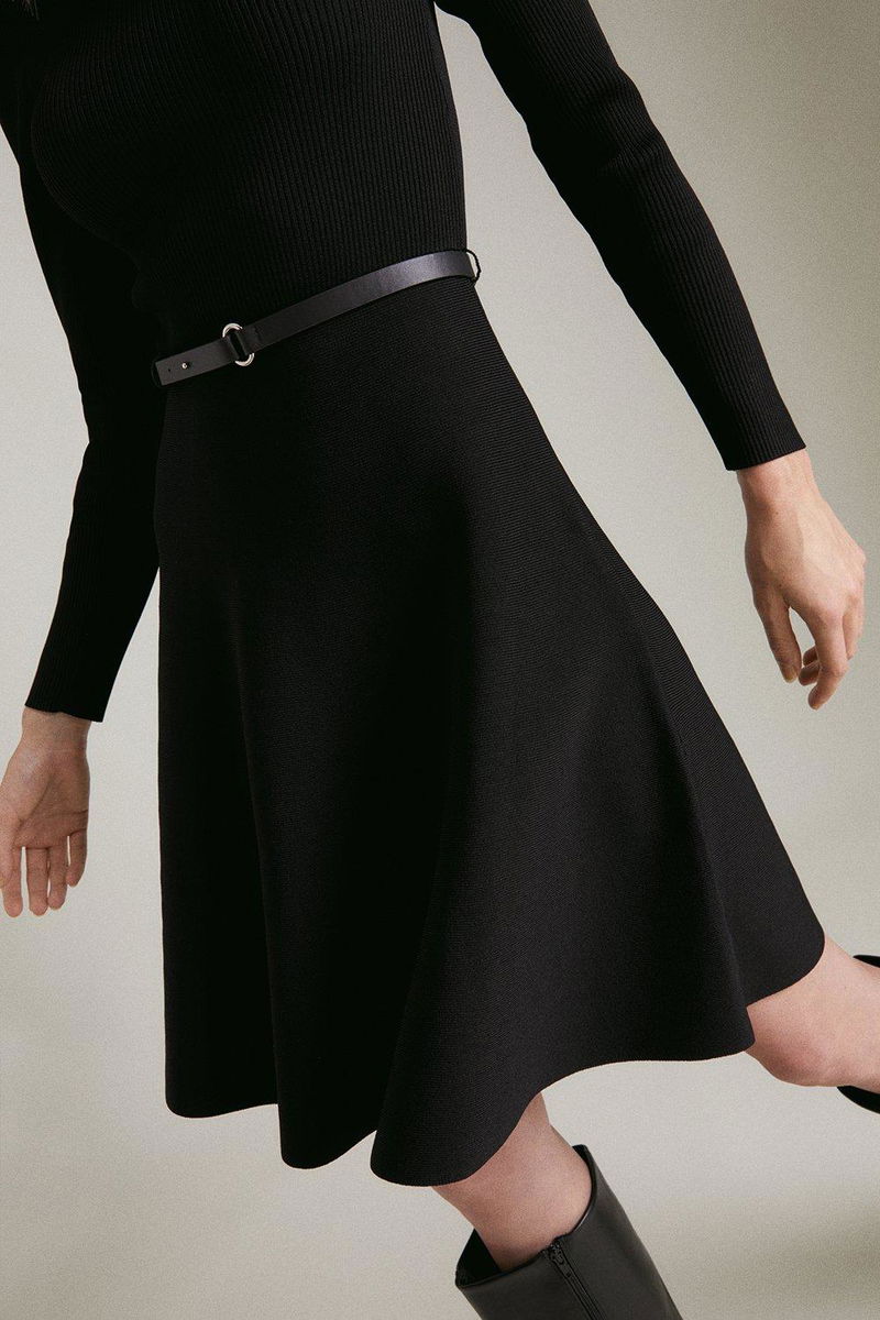 karen millen knitted skater dress KAREN MILLEN Viscose Blend Rib Knit Military Trim Skater Dress