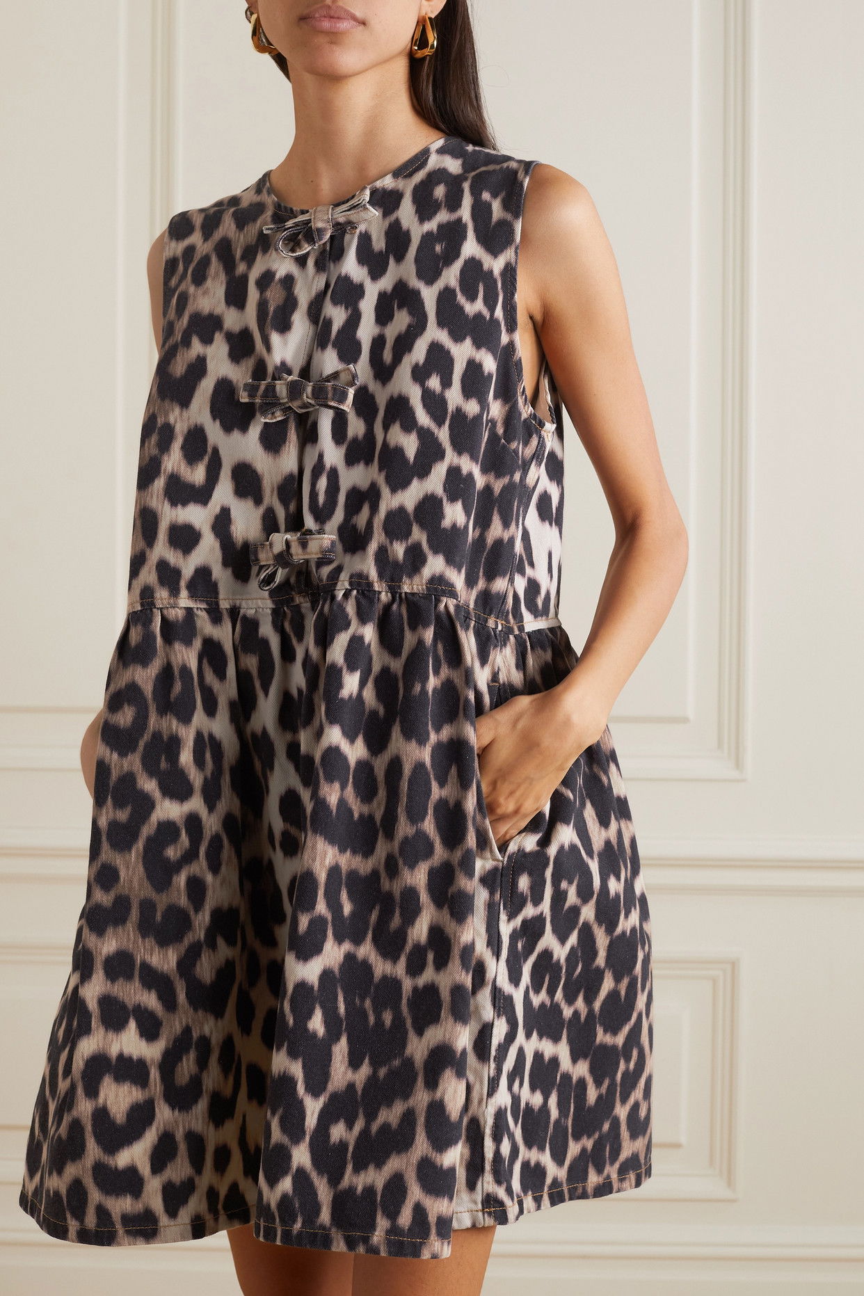 slim fit dress slacks Ganni Leopard Printed Denim Mini Dress main image 1