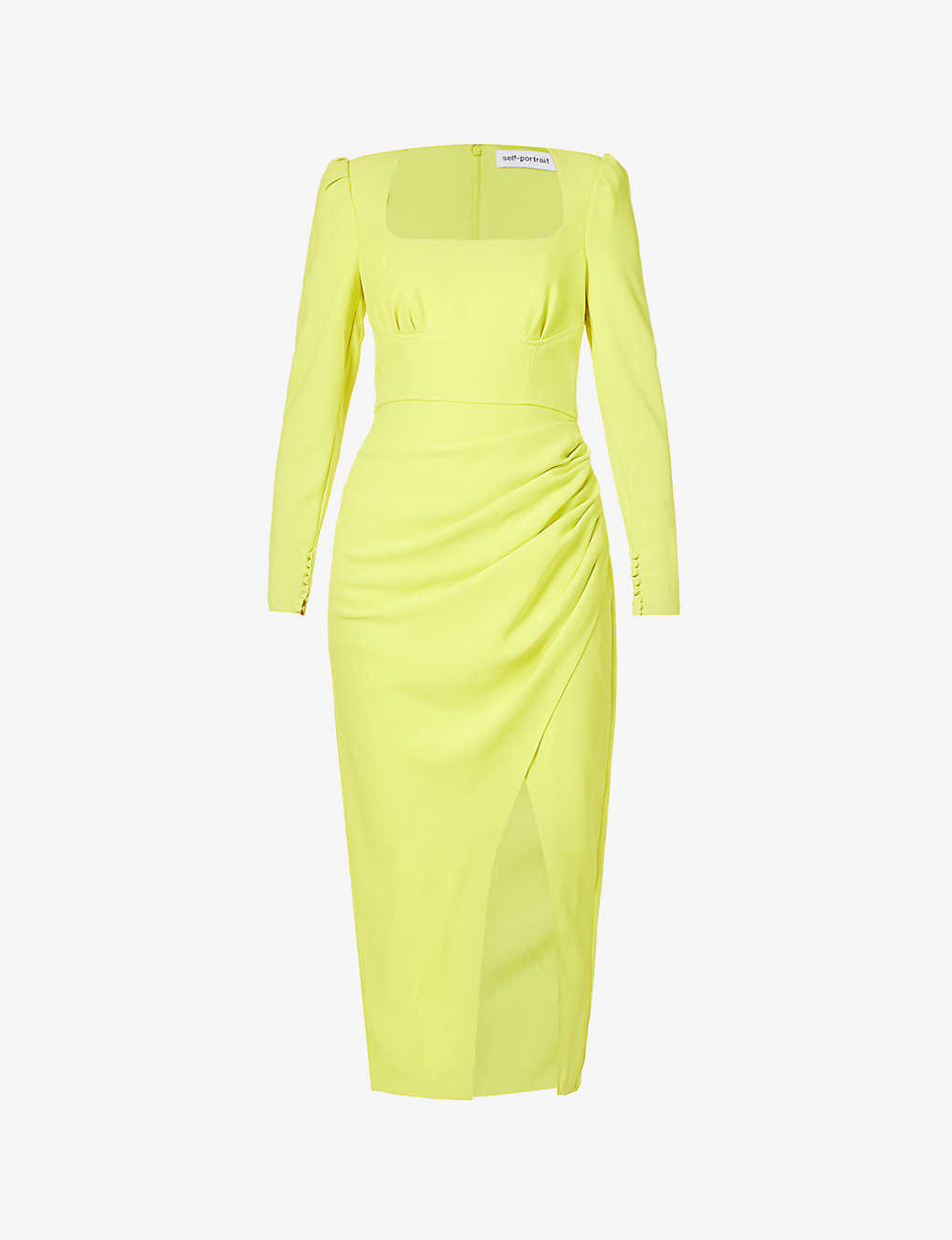 SELF-PORTRAIT Ruched Long-Sleeved Woven Midi Dress in LIMEGREEN | Endource