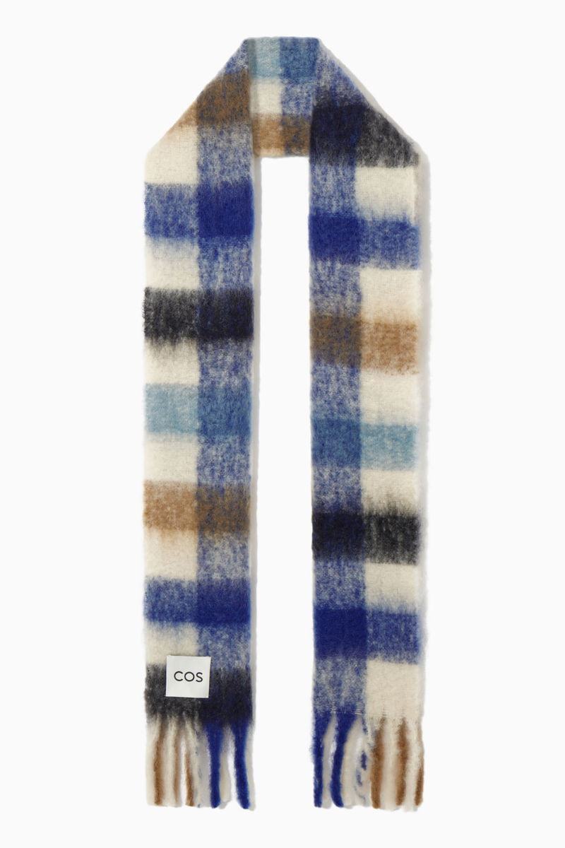 COS Oversized Mohair-Blend Scarf in BLUE / BROWN / CHECKED