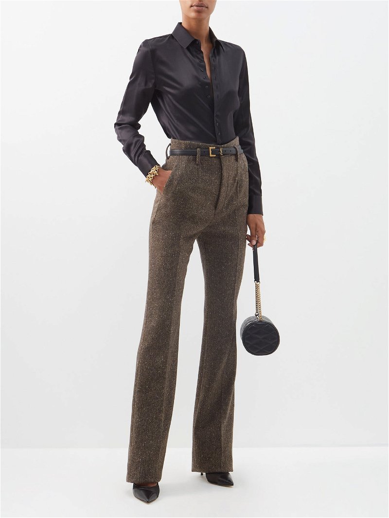 SAINT LAURENT High-Waist Herringbone-Tweed Wool Trousers in Brown