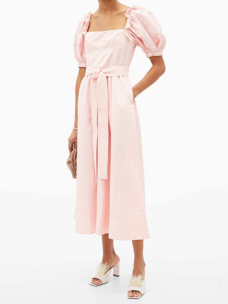 Belted Puff Sleeve Midi Dress