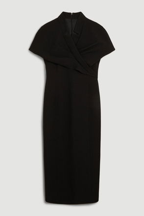 KAREN MILLEN Structured Crepe Cape Detail Midi Dress in Black