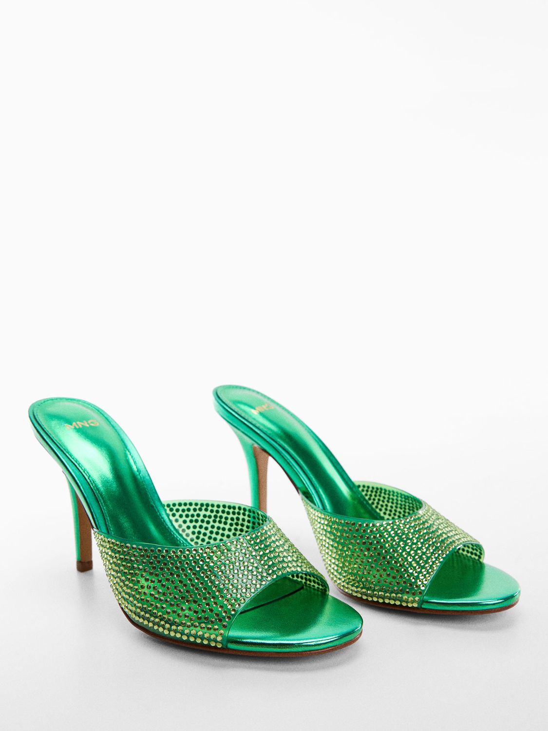 MANGO Diamante Embellished Heeled Mules in Green | Endource