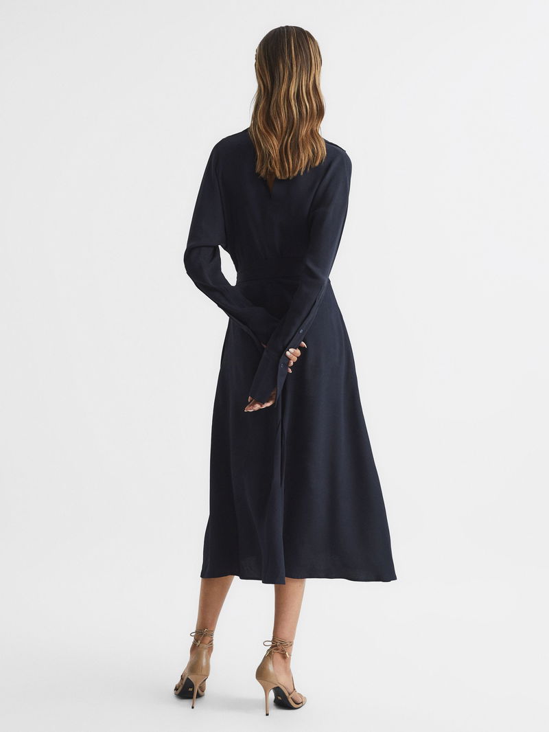 REISS Cecily Wrap Shirt Midi Dress in Navy | Endource