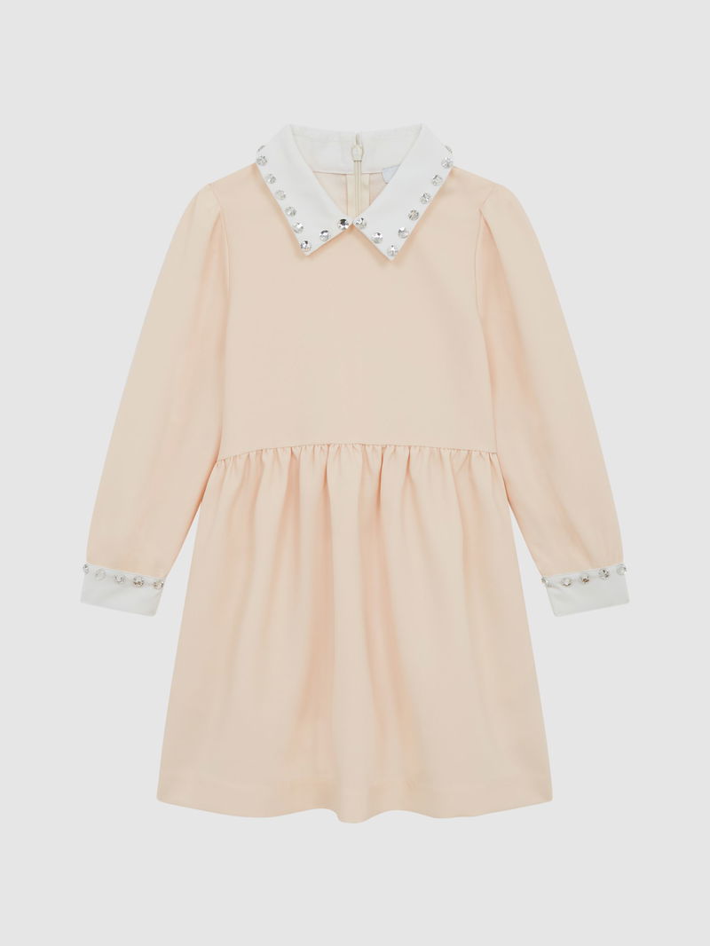 REISS Riley Junior Diamanté Collar Fit And Flare Dress in Nude | Endource