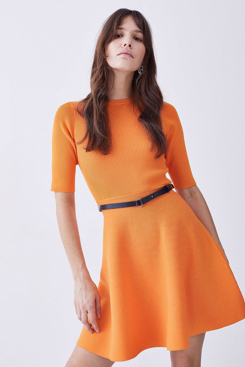 Karen Millen Rib Knitted Skater Mini Dress In Orange Endource