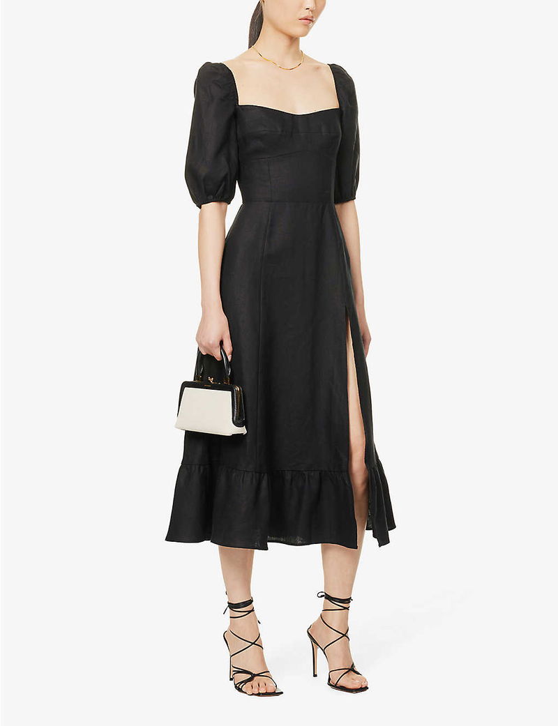 reformation gloriana long sleeve sweetheart side slit silk midi dress Reformation Gloriana Long-Sleeve Sweetheart Side-Slit Silk Midi Dress