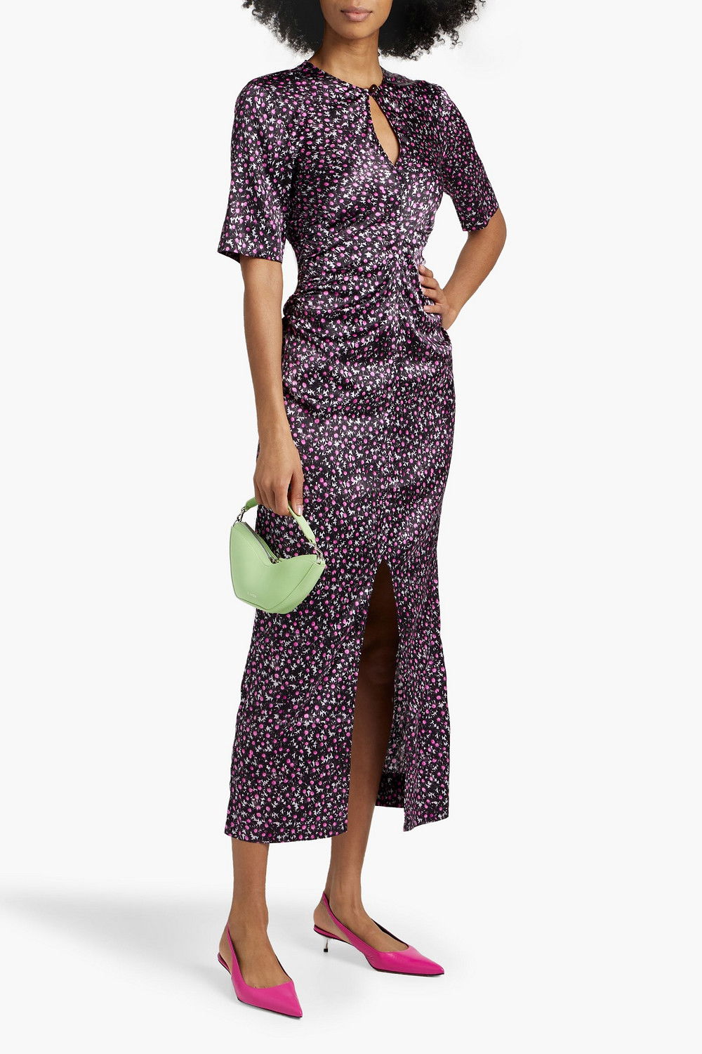ganni ruched floral-print stretch-silk satin midi dress GANNI Ruched Floral-Print Stretch-Silk Satin Midi Dress
