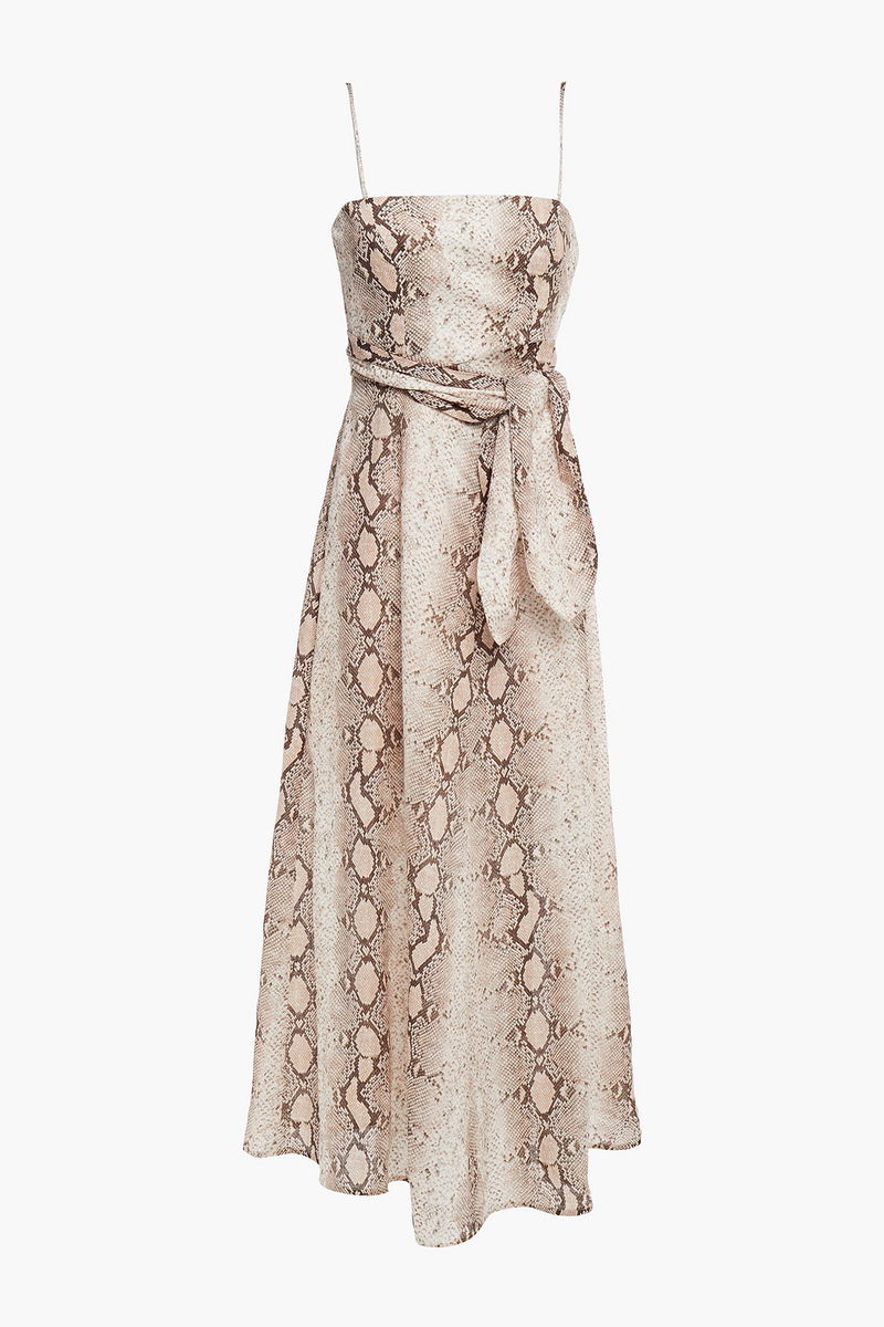 ZIMMERMANN Bellitude Knotted Cutout Snake-Print Linen Midi Dress | endource