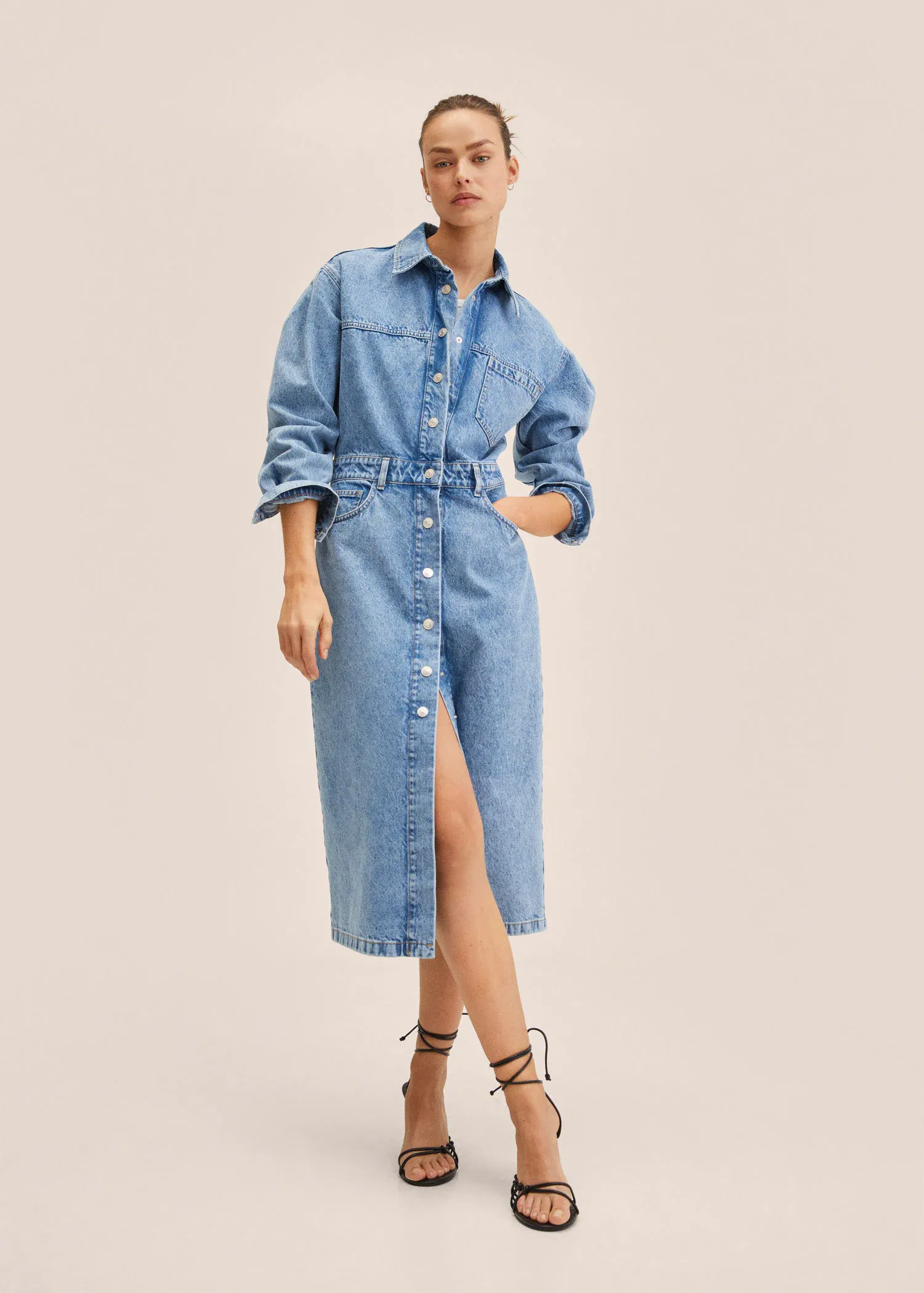 mango denim midi dress Mango v neck soft denim a line midaxi dress in blue