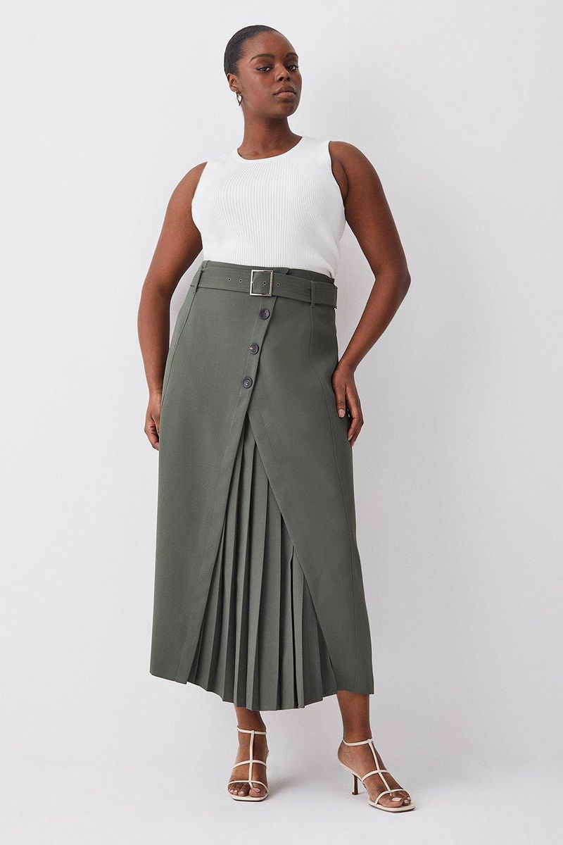 KAREN MILLEN Plus Size Belted Wrap Pleat Detail Midi Skirt in Khaki