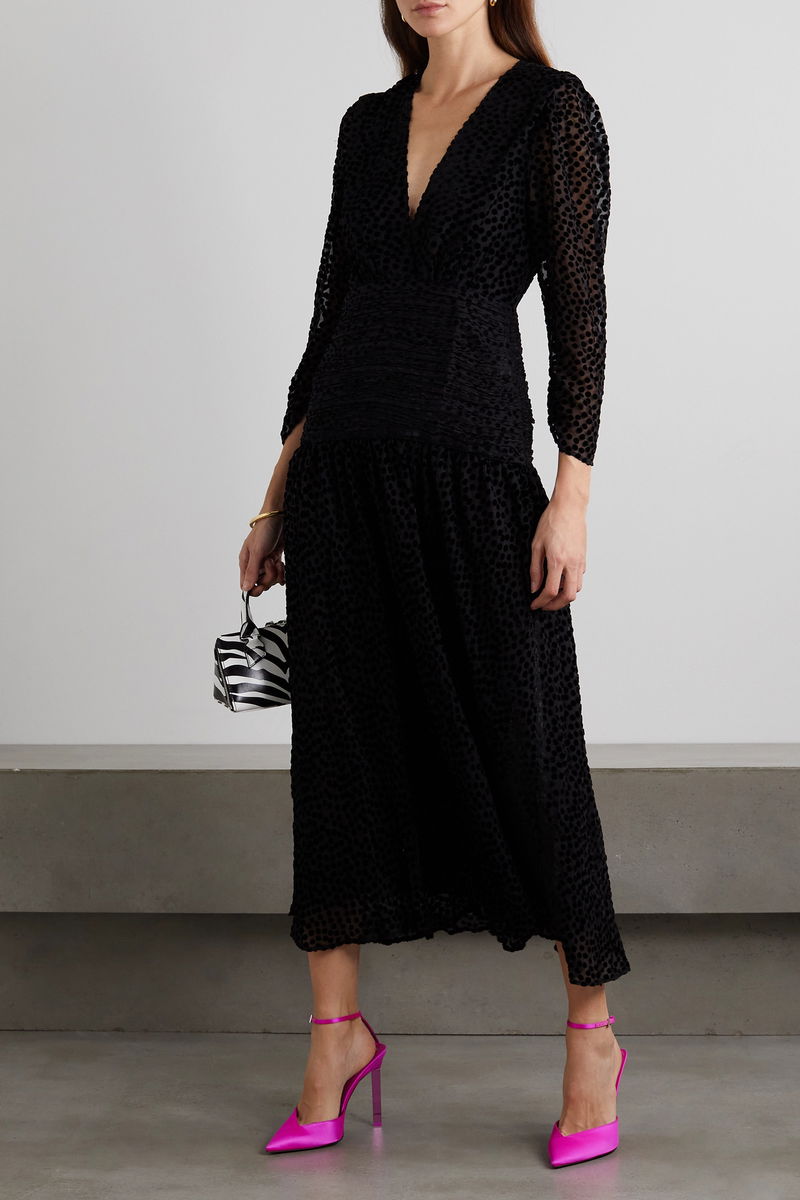 RIXO Racquel Ruched Polka-Dot Flocked Tulle Midi Dress | endource