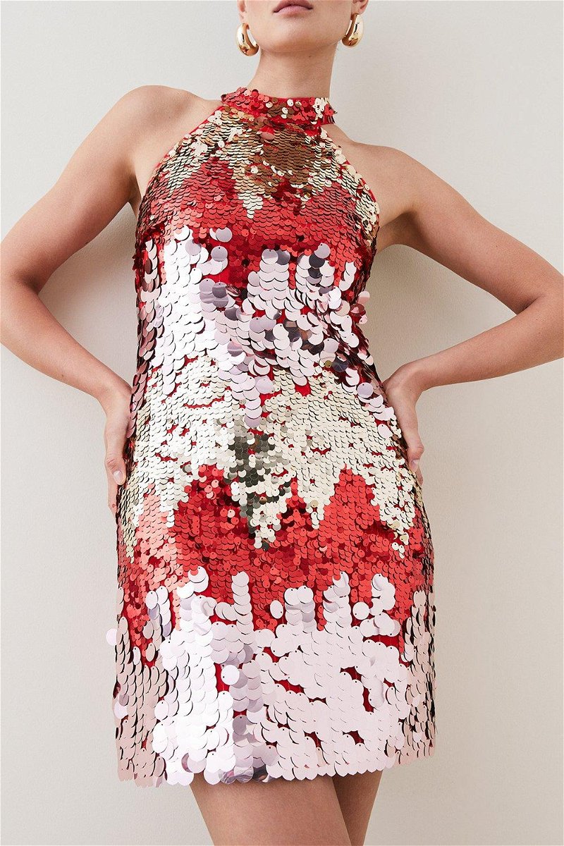 Womens - Sequin Halter Cowl Neck Mini Dress in Multi Deco Sequin