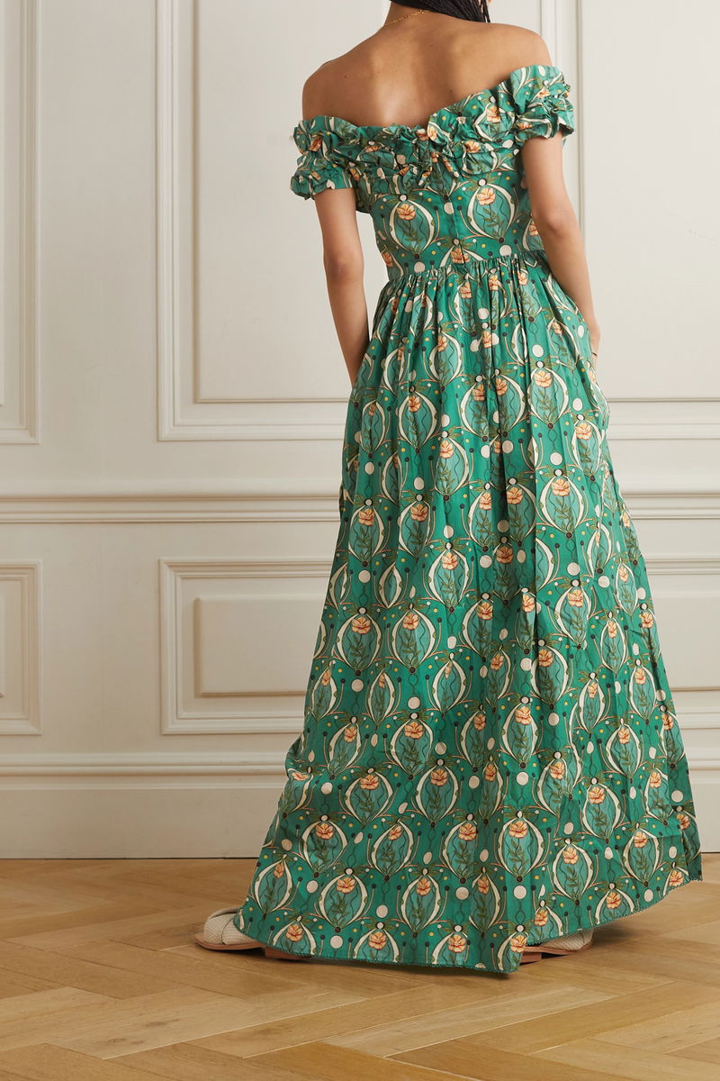 AGUA BY AGUA BENDITA Espliego Lunar Off-The-Shoulder Printed Cotton-Poplin Maxi  Dress | endource