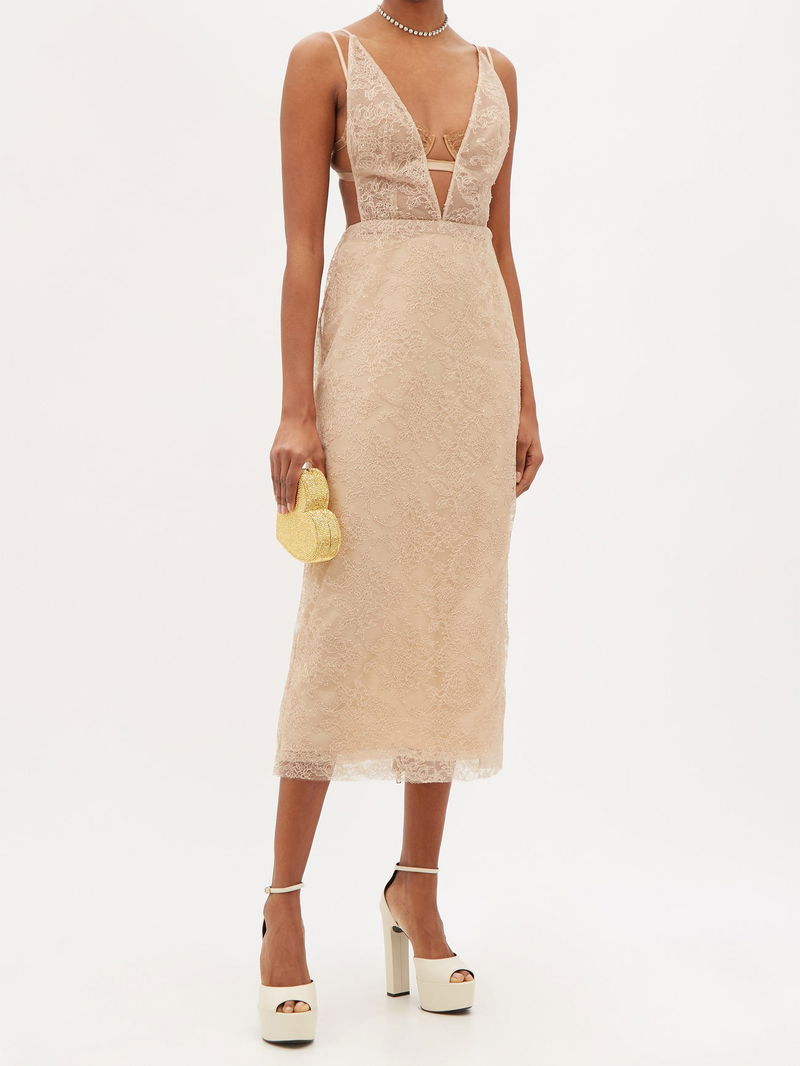slim fit dress slacks Gucci Belted Floral-Lace Mini Dress