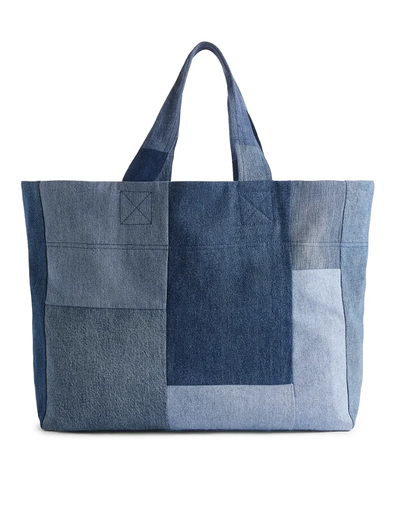 ARKET Patchwork Denim Oversized Tote Bag in Blue | Endource