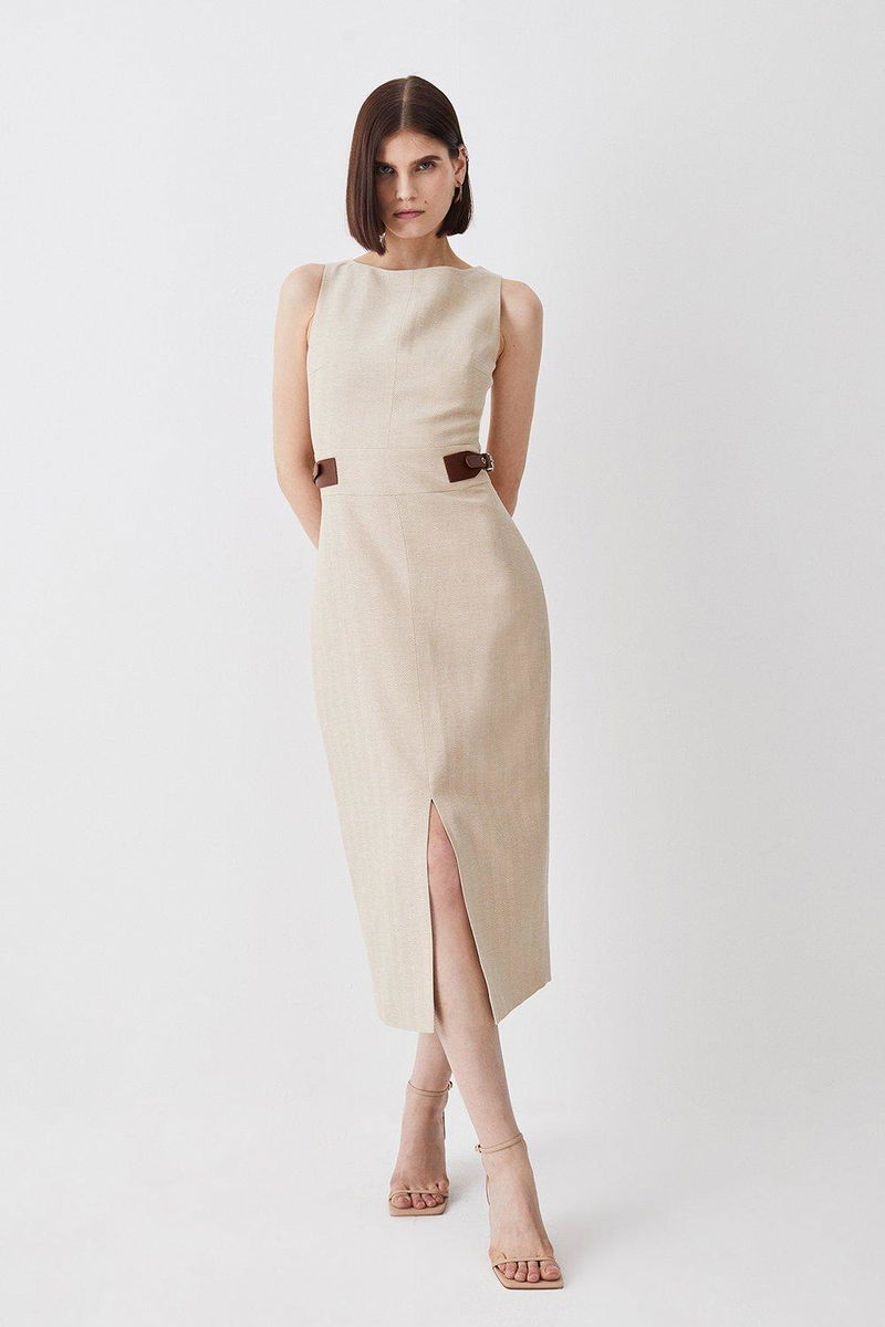 KAREN MILLEN Herringbone Split Front Midi Dress in Neutral Endource
