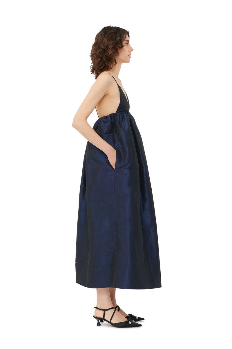 GANNI Blue Shiny Taffeta Strap Dress | endource