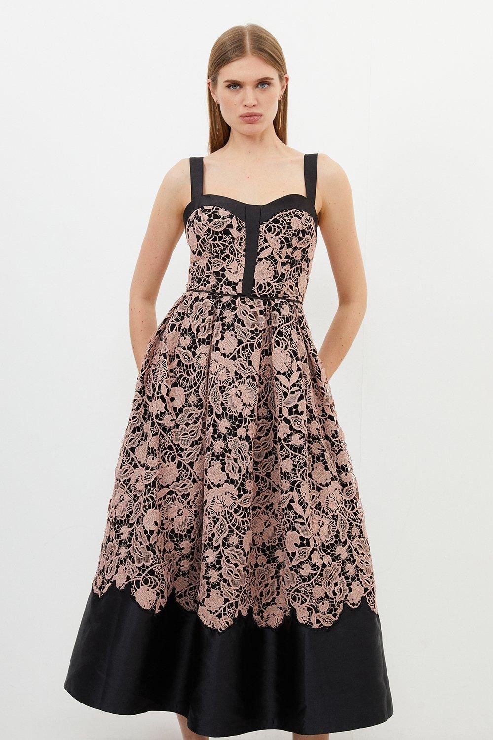 KAREN MILLEN Tall Lace Prom Woven Midi Dress in Black | Endource