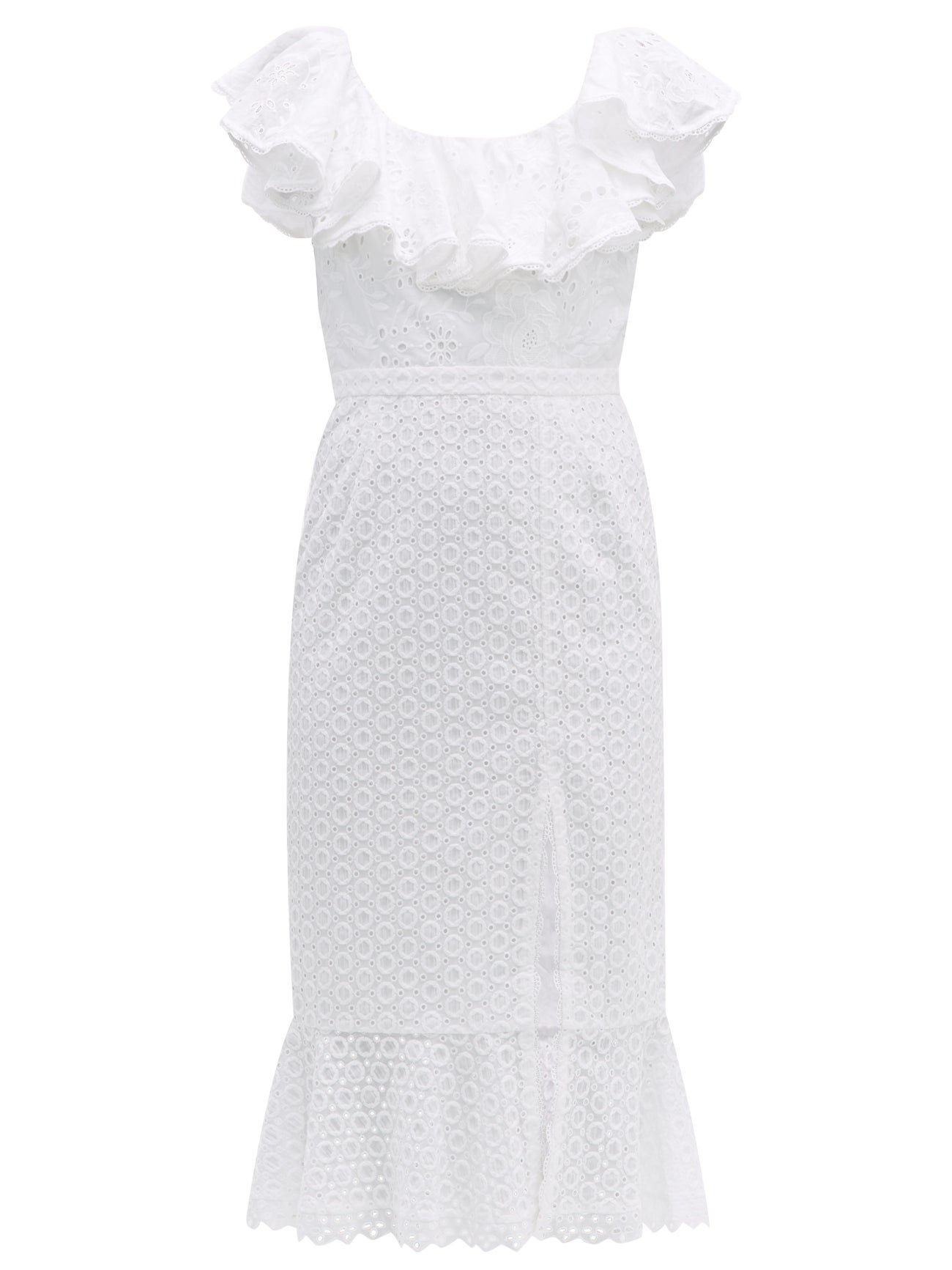 SALONI Ella Ruffled Cotton Broderie Anglaise Midi Dress in White | Endource