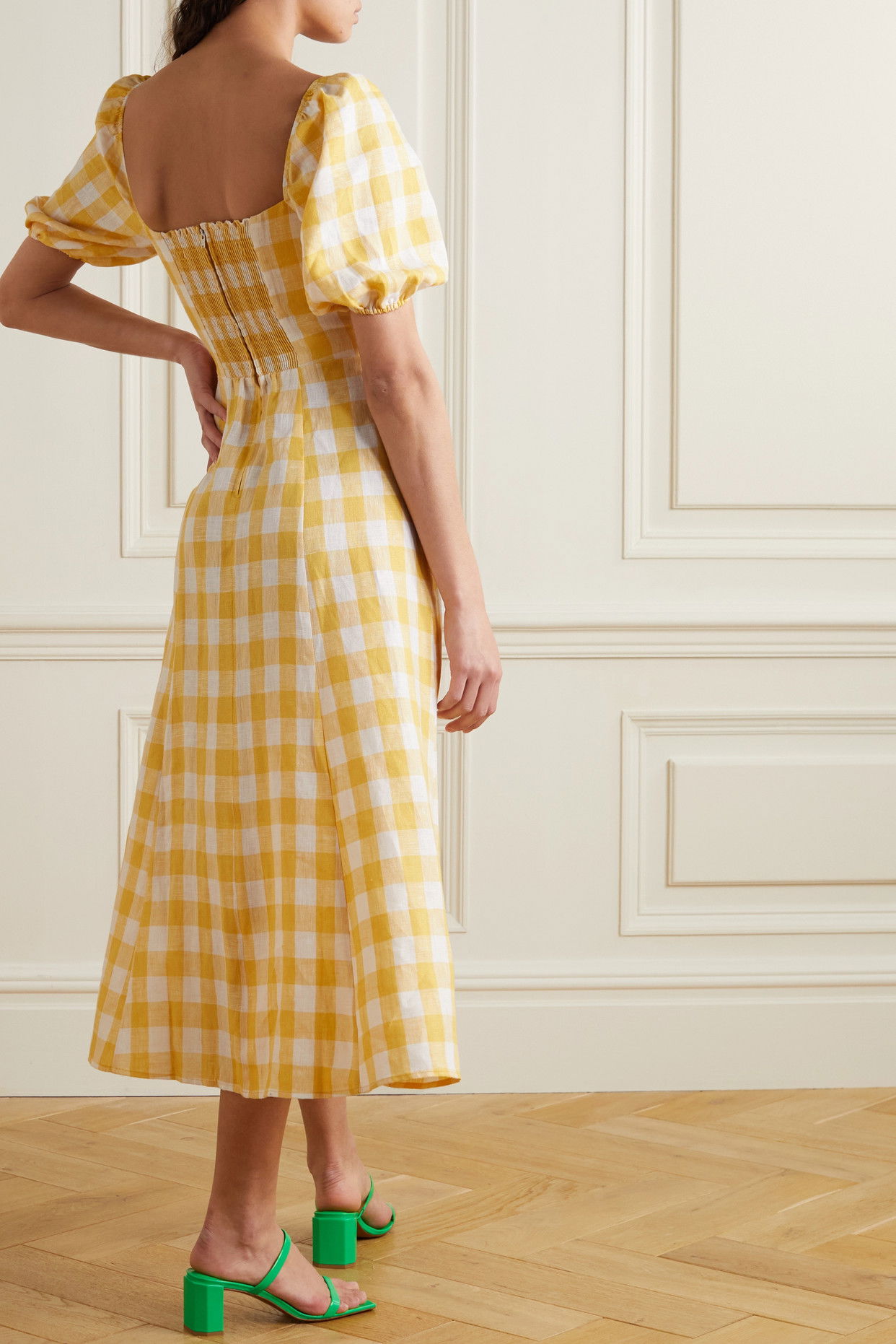 REFORMATION Pompano Cutout Gingham Linen Midi Dress | endource