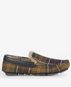 Barbour tartan and black leather mule slippers with faux fur lining