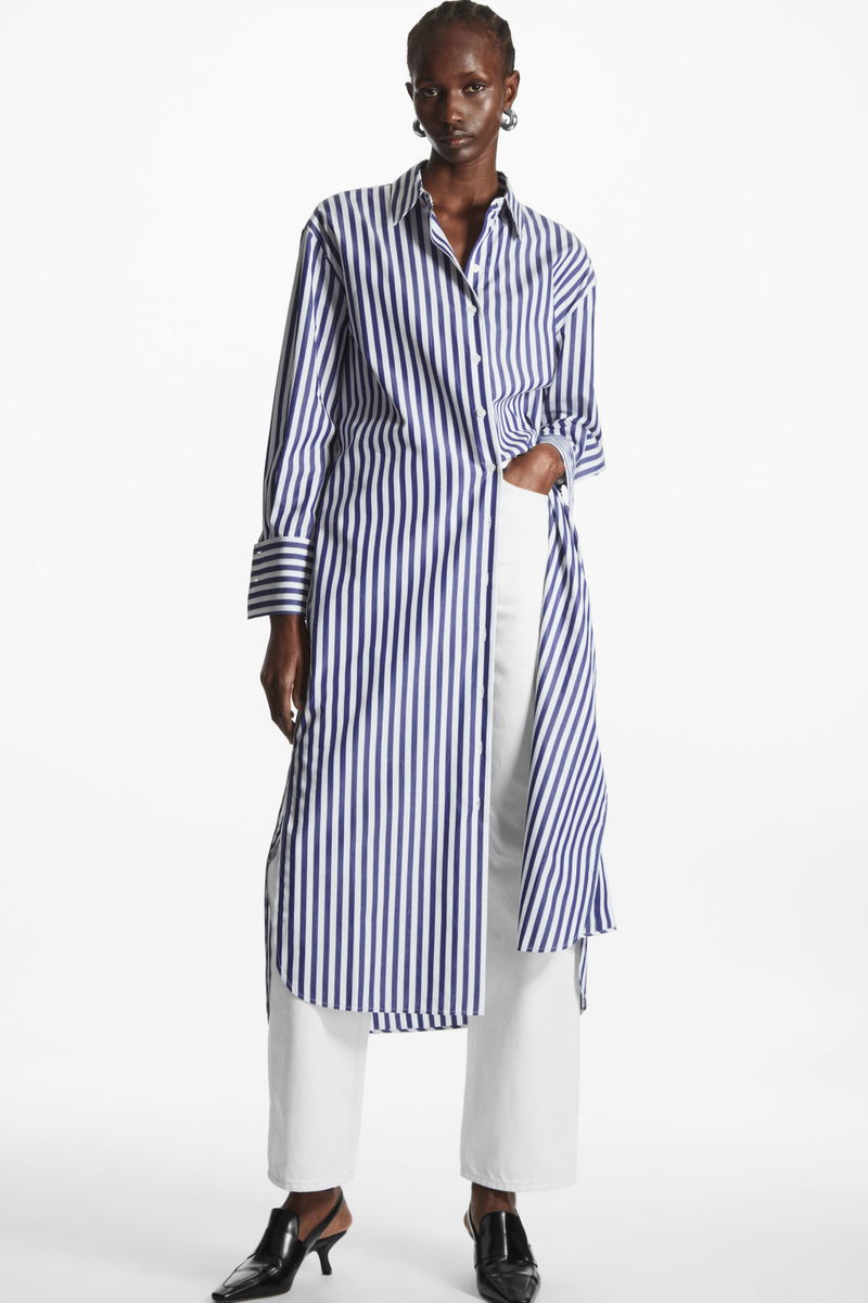 cos belted midi shirt dress COS Women's Belted Collarless Midi Shirt Dress in Black