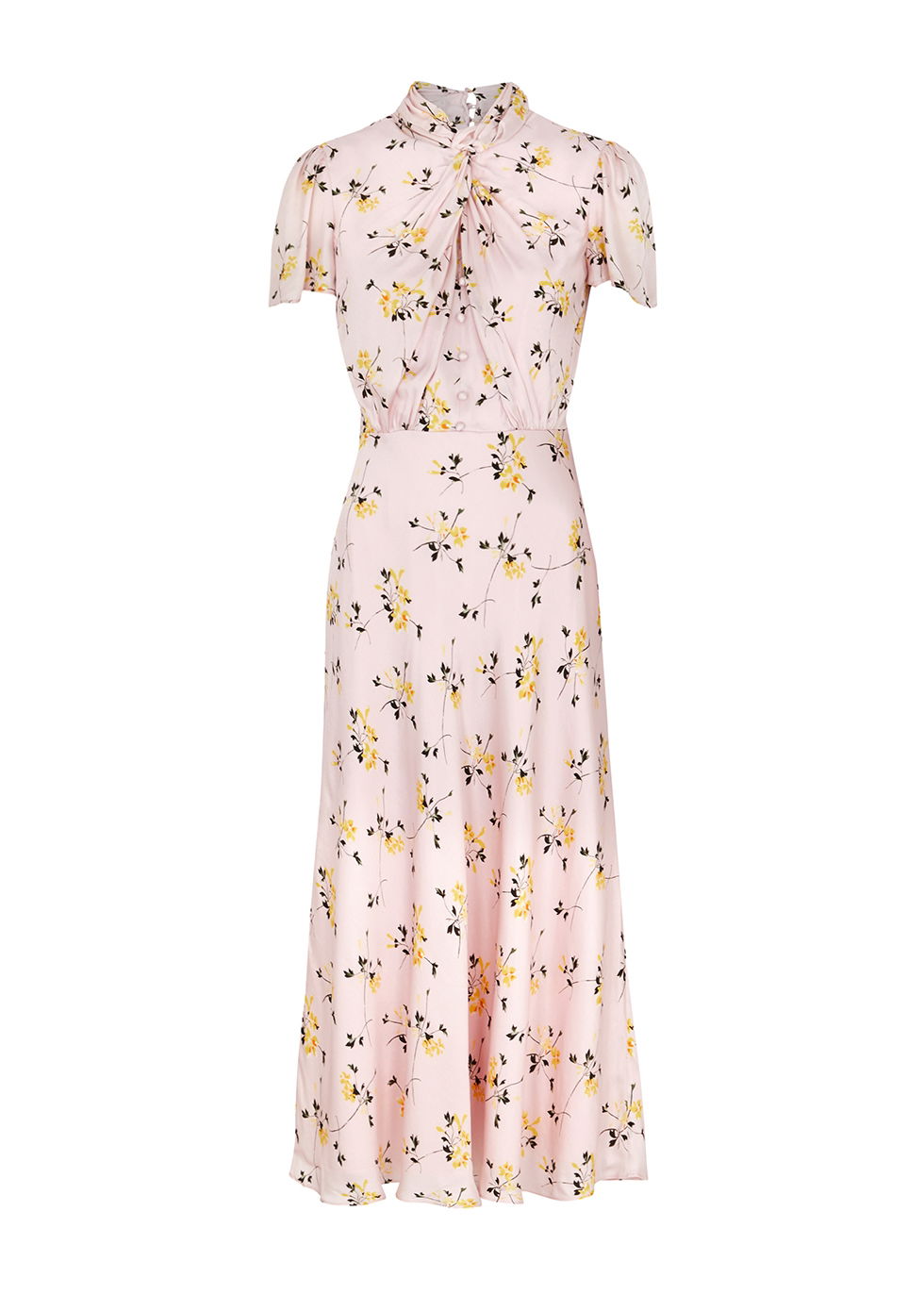 self portrait floral blush midi dress Self-Portrait Blush Red Floral Lace Ruffle Trim Midi Dress The Closet New York