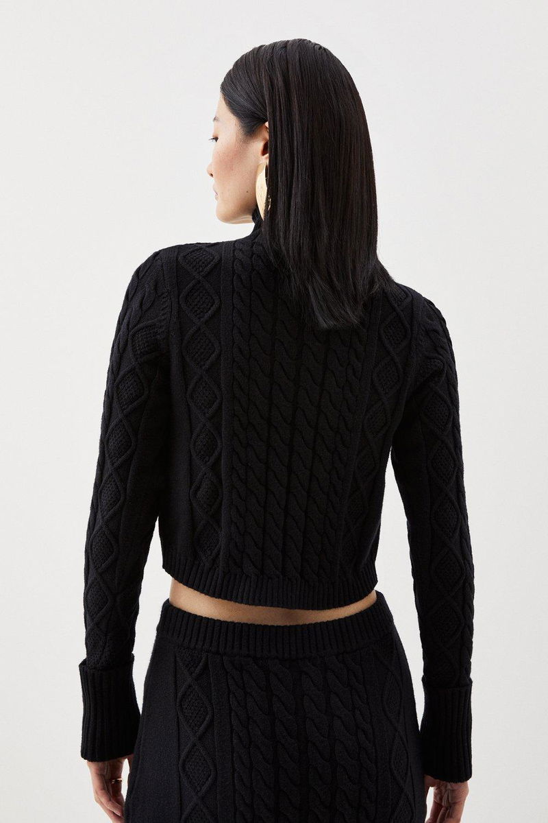 Karen Millen Cable Knit Crop Funnel Neck Jumper In Black Endource