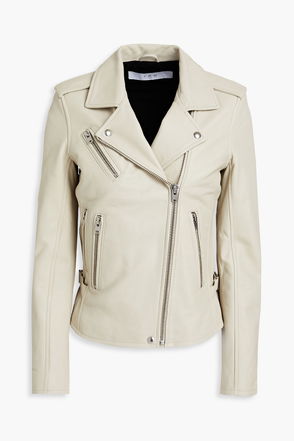 KAREN MILLEN Petite Leather Quilted Biker Jacket in Cream