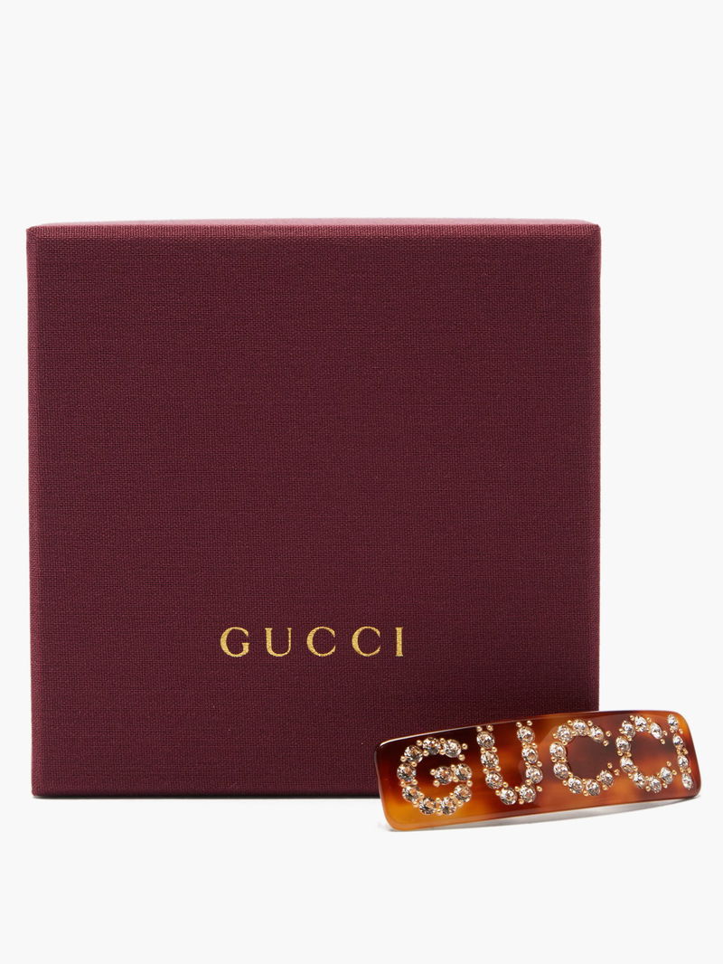 GUCCI Crystal-Logo Tortoiseshell-Acetate Hairclip | endource display picture 2