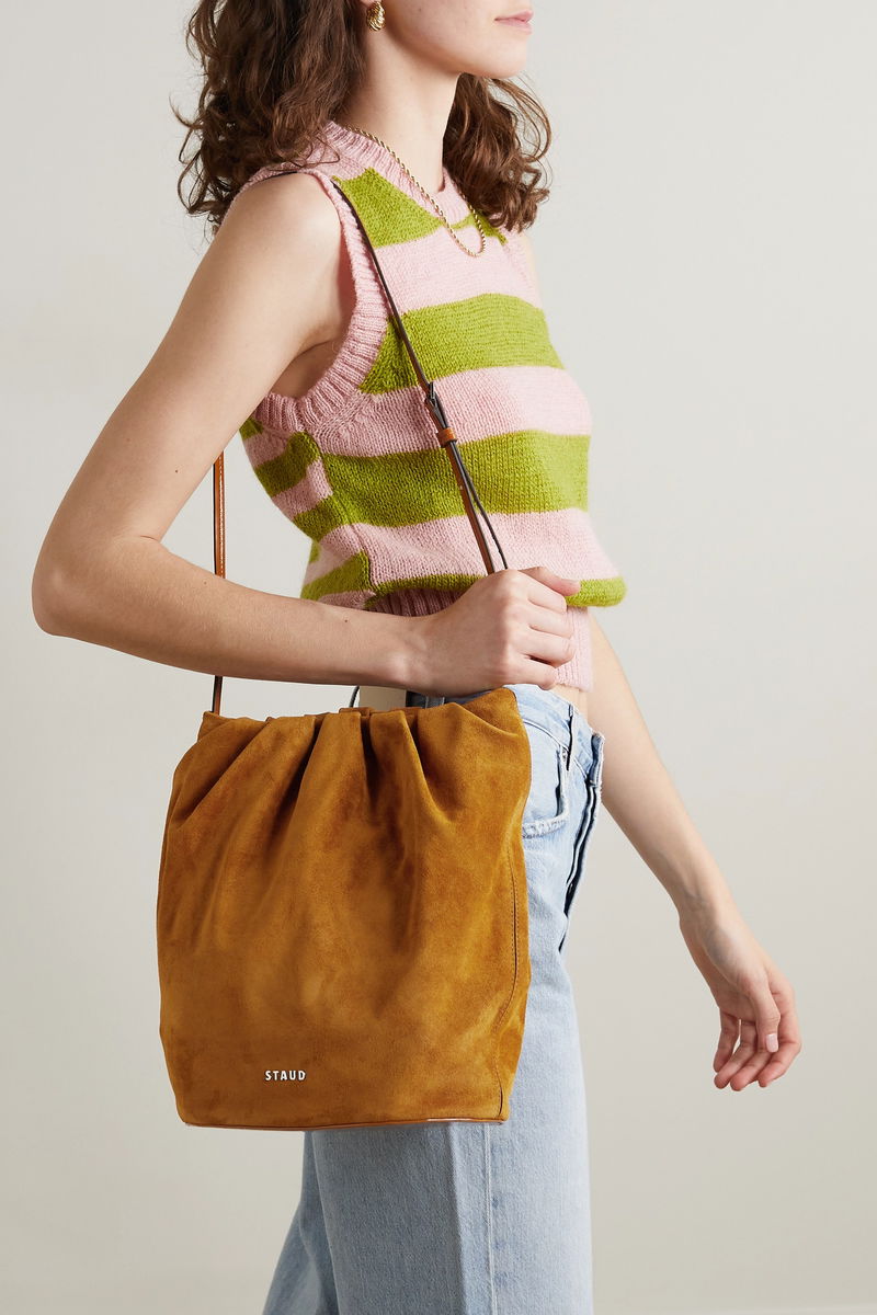STAUD Valentina Gathered Leather-Trimmed Suede Bucket Bag endource