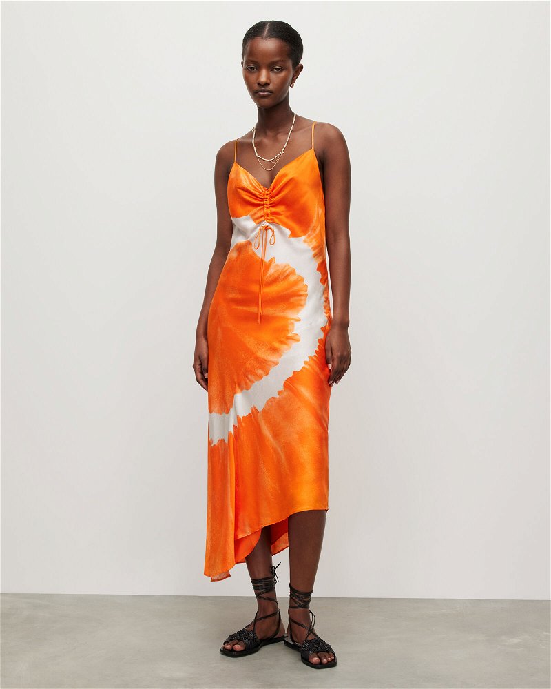 ALLSAINTS Etta Mariana Silk Blend Tie Dye Dress in Orange Tiedye