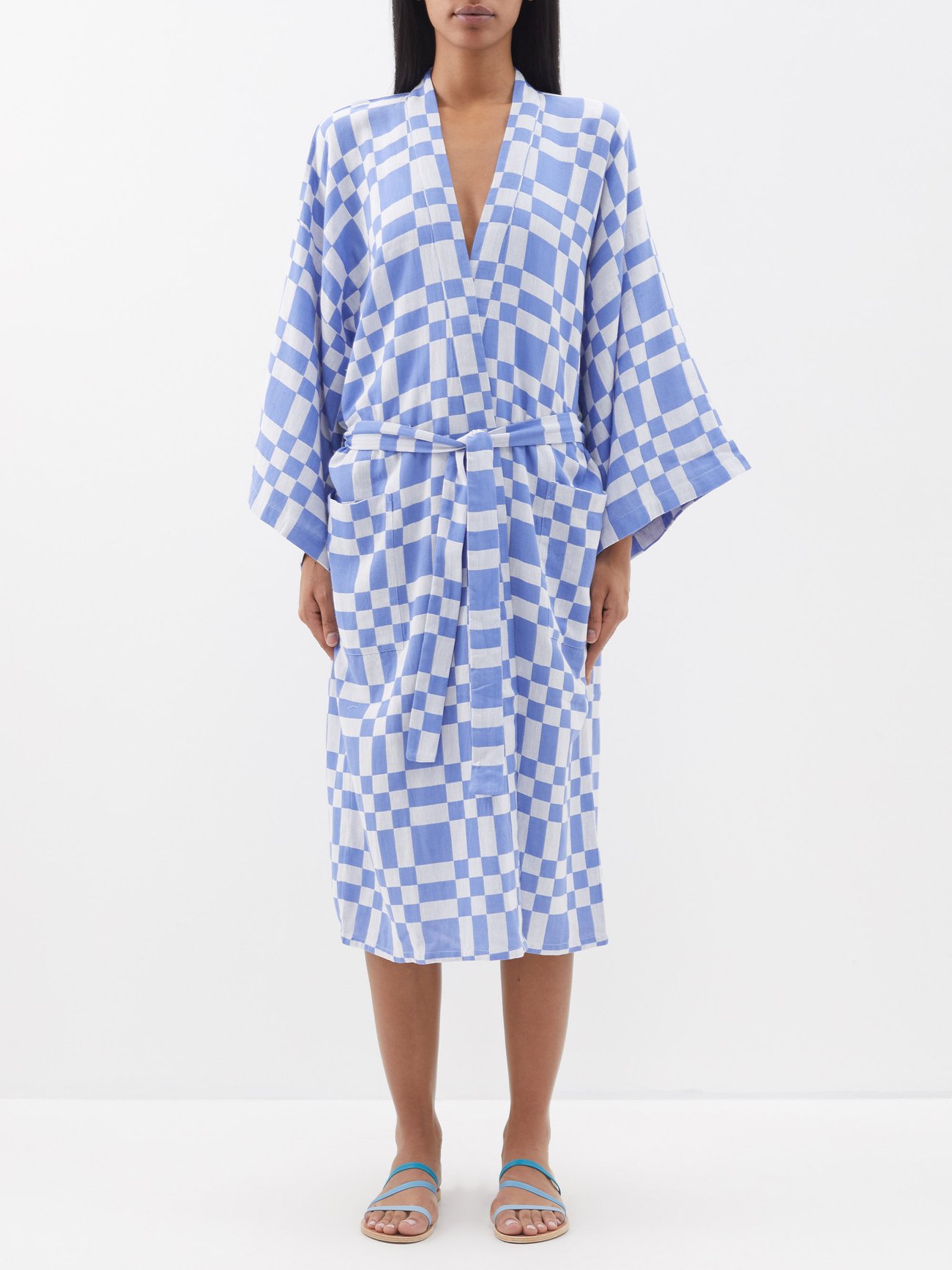 MARA HOFFMAN Ayra Checked-Print Robe in Blue | endource