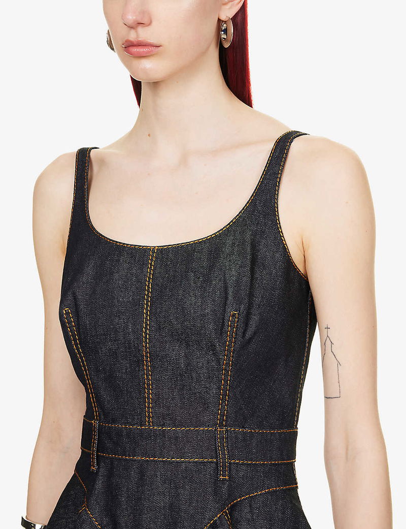 ALEXANDER MCQUEEN Asymmetrical-Hem Topstitched Denim Mini Dress | endource