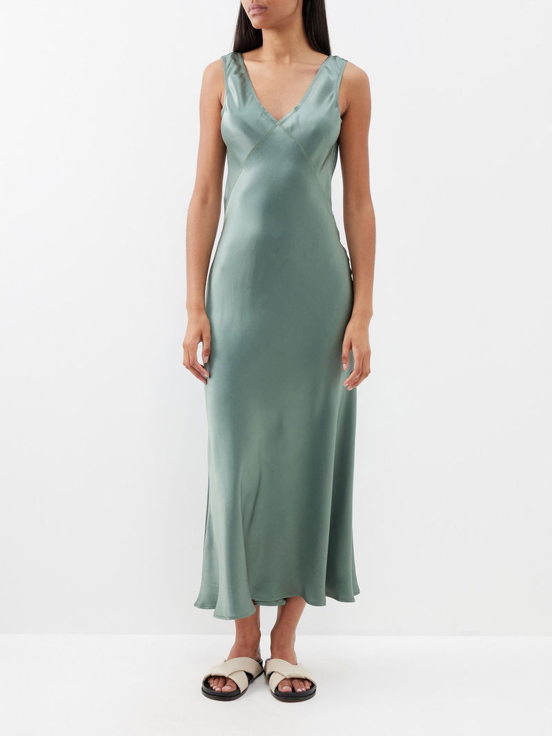 Aesthetic Pale Green Slip Dress Dark Green Satin Midi Evening