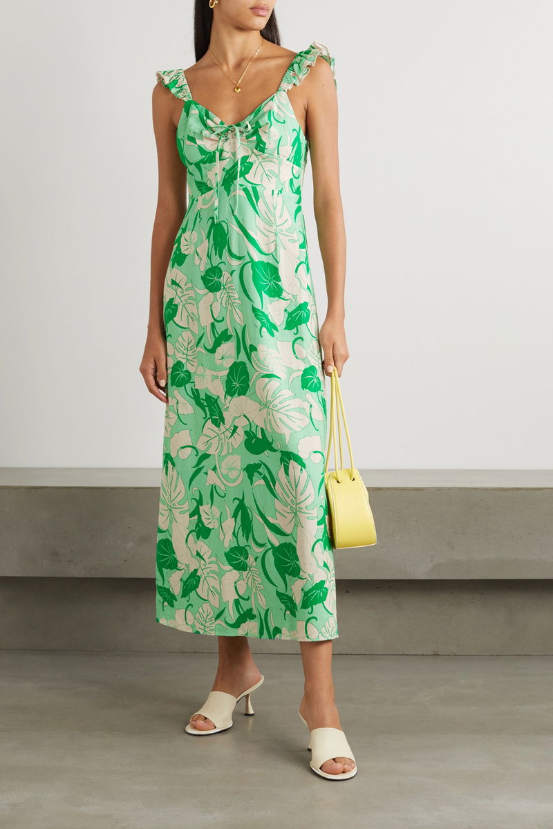 RIXO Cecile Ruffled Printed Linen-Blend Midi Dress | endource