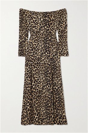 Beige Leopard-print bandeau-neck crepe midi dress