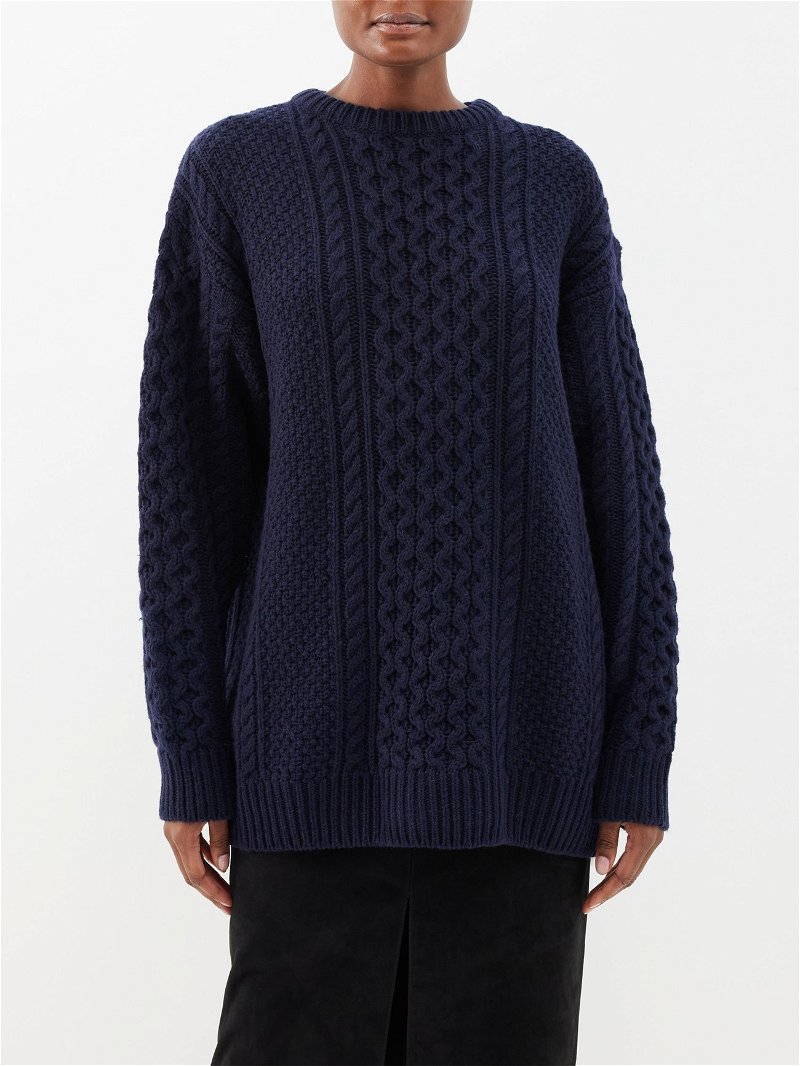 TOTÊME Chunky Cable-Knit Wool Sweater in Navy