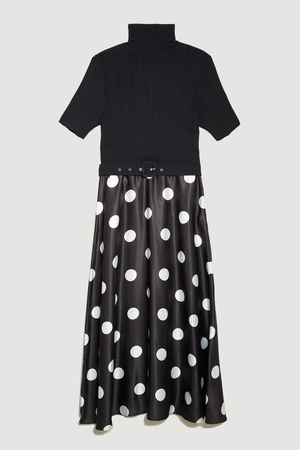 KAREN MILLEN Plus Size Polka Dot Printed Satin Skirt Half Sleeve Rib