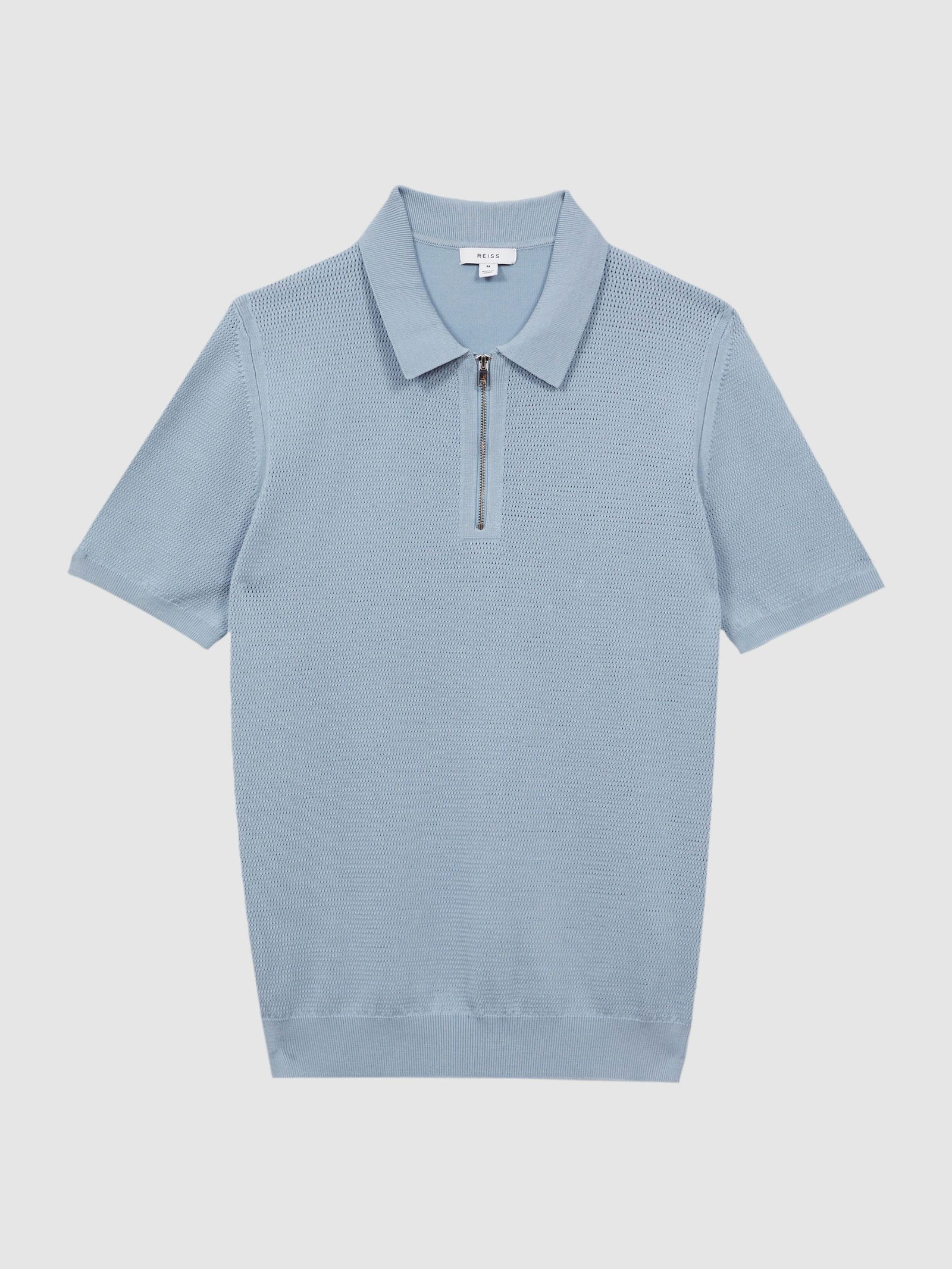 REISS Fizz Knitted Half-Zip Polo T-Shirt in Soft Blue | Endource