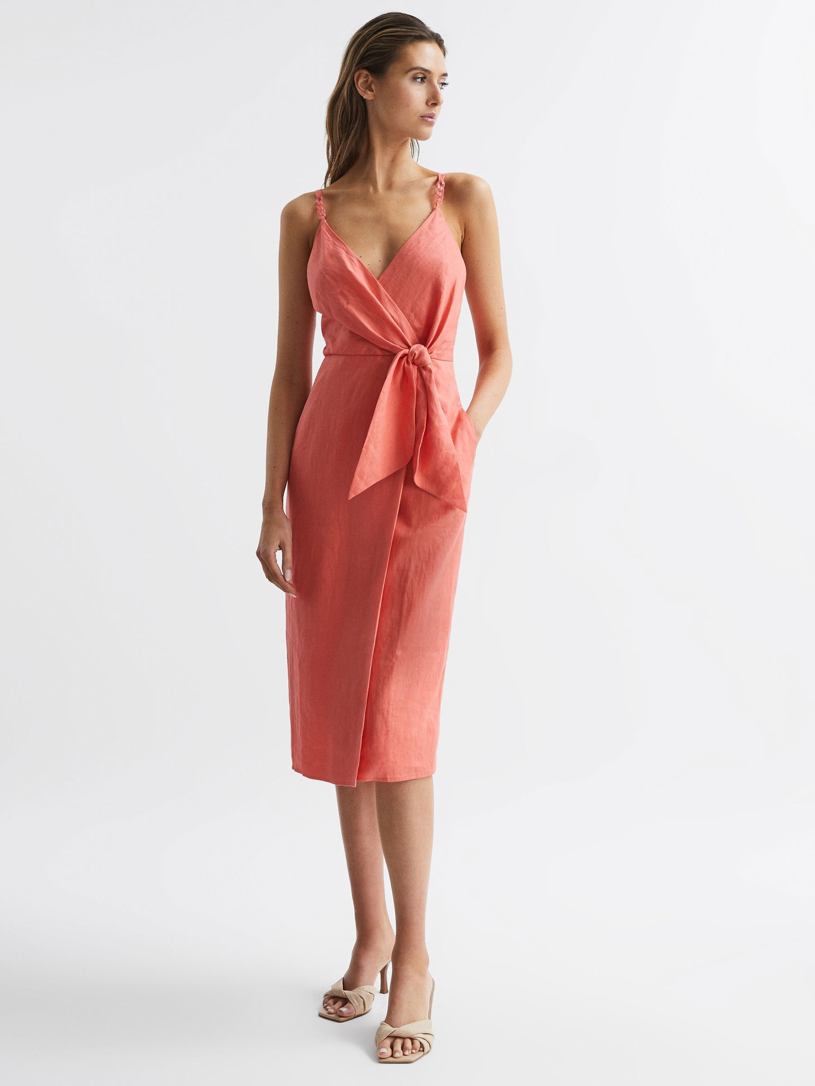 reiss esme linen side tie midi dress Reiss Linen Side Tie Midi Dress in Blue
